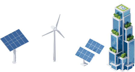 Isometric Sustainable City Infrastructure Featuring Solar Panels, Wind Turbine, and Modern Eco-Friendly Skyscraper with Green Roof Gardens for Renewable Energy Concept