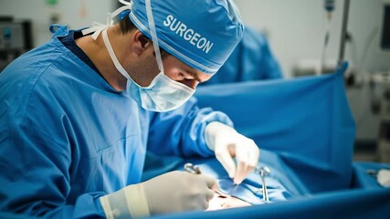 A focused male surgeon in a blue surgical cap and mask performing a delicate operation in a sterile medical environment, showcasing precision and expertise in the operating room. - Powered by Adobe