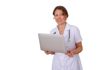Female doctor using laptop, smiling and looking at viewer, standing confidently against transparent background