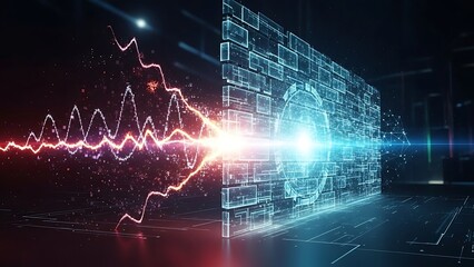 Advanced data conversion and cybersecurity concept with waveform and digital grid