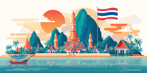 Thailand Cultural Landscape with Traditional Temples, Mountains, and Thai Flag Illustration