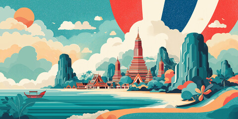 Thailand Cultural Landscape with Traditional Temples and Thai Flag Illustration