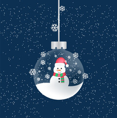Illustration of a New Year's ball with a snowman on a dark blue background.