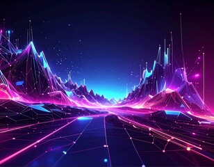 Abstract digital landscape, vibrant neon colors, polygonal mountains, glowing lines