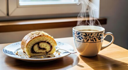 Cozy Mississippi Roll Slice With Coffee and Gentle Crumbs