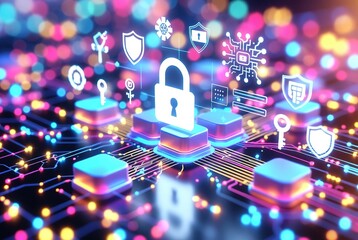 Microchip Hardware Security with Glowing Padlock Icons technology