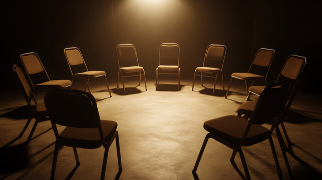 Chairs set in a circle under a single spotlight in an otherwise dark room. Suggests a meeting or group therapy setting.  The sepia tone adds a vintage or timeless touch to the scene.
