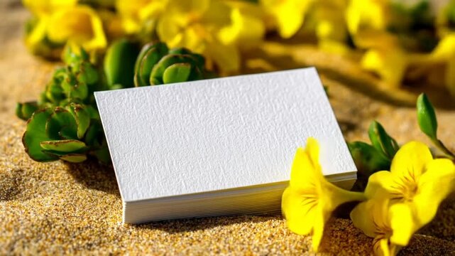 A stack of blank white business cards sits on a bed of sand, surrounded by vibrant yellow flowers and greenery.