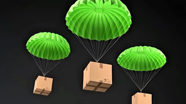 Green Parachutes with Cardboard Boxes Descending &ndash; Logistics Air Drop Concept Isolated on Black, 4K Ultra HD