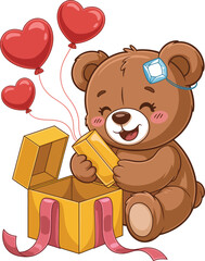 Obraz premium Brown teddy bear opening yellow gift box with red heart balloons