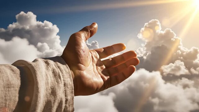 Hand of Jesus Christ Pointing to Heaven with Moving White Clouds. Concept of Salvation and Kingdom of God,