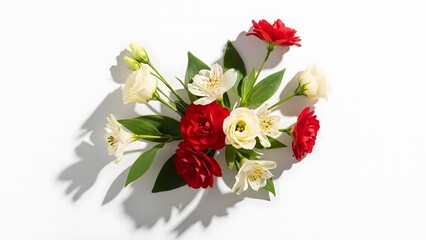 A bouquet of red and white flowers on a white background with shadows