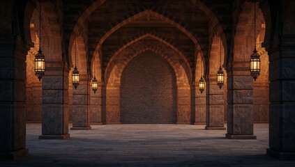 Obraz premium Atmospheric ancient stone archway hallway illuminated by hanging ornate Moroccan lanterns creating deep shadows and warm light