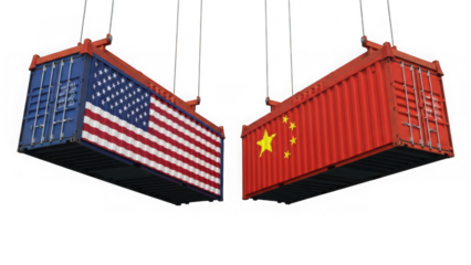 Us and china trade war conflict represented by hanging shipping containers isolated on transparent background