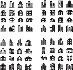 Black and white of various buildings and houses apartments