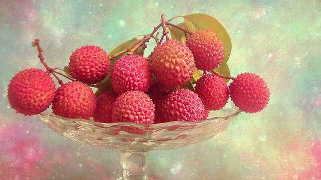Bright Red Lychee Fruit Bunch with Bumpy Shells in a Glass Bowl