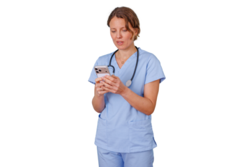Healthcare worker using smartphone for medical communication, remote telehealth, and digital doctor consultation on transparent background