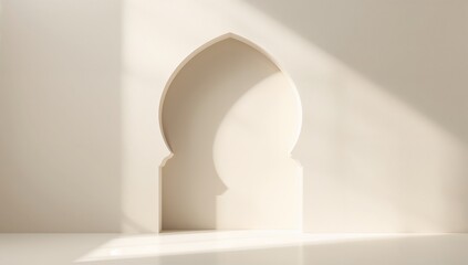 Minimalist beige arch niche bathed in soft directional sunlight casting intriguing diagonal shadows creating a display backdrop