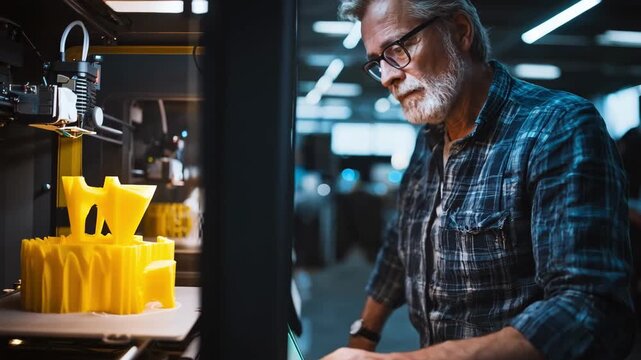 Medium shot of an engineer examining a freshly printed prototype from a desktop 3D printer focusing on texture and detail under bright studio lights.