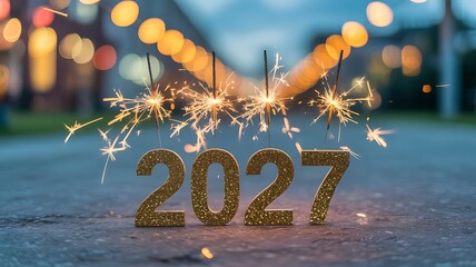 Golden numerals spelling 2027 stand prominently amidst a blurred backdrop of sparkling celebratory lights and festive illumination high quality professional detailed