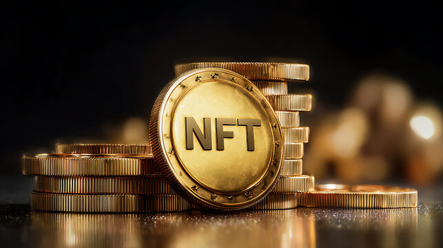 Stack of golden coins with NFT inscription on a black background. Represents digital assets, cryptocurrency investments, and modern finance. Decorative coins stacked. - Powered by Adobe