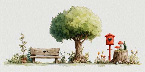 Watercolor illustration of a serene garden with a tree, bench, and birdhouse