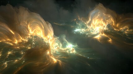 Abstract Swirling Cosmic Nebula of Dust and Starlight Illuminated by Golden and Green Hues