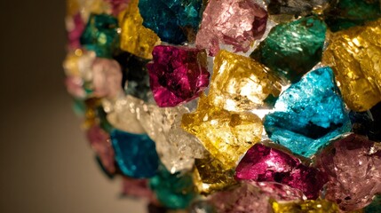 Close-up of a vibrant abstract sculpture formed from fused glass shards in jewel-like tones, showcasing dazzling texture and detail