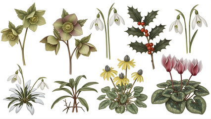 A collection of winter botanicals isolated on white background