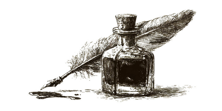 Vintage quill pen and inkwell illustration representing writing and history
