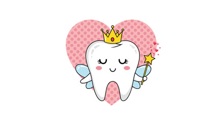 Fototapeta premium Adorable cartoon tooth character wearing a crown and wings holding a magic wand in front of a pink heart on a white background.