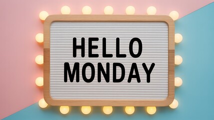 a wooden letter board displaying the text hello monday is illuminated by warm glowing lights on a colorful background high quality