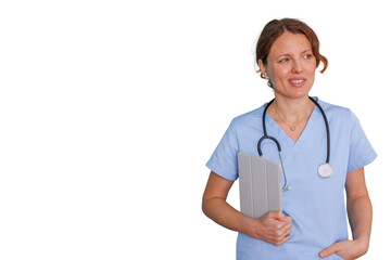 Healthcare professional holding digital tablet, providing medical care and support, standing with stethoscope, transparent background