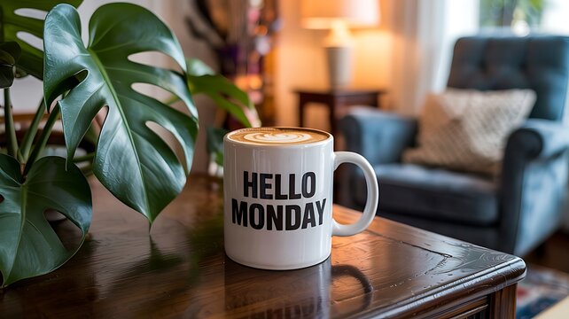 a cozy indoor scene features a white mug with hello monday text positioned near lush green foliage and a comfortable sofa