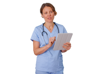 Medical nurse practitioner wearing scrubs and stethoscope, using digital tablet, providing healthcare on transparent background