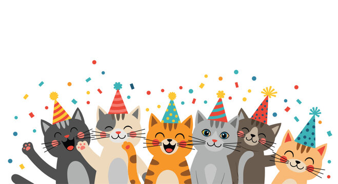 Joyful group of six cute cats of different breeds wearing colorful party hats and celebrating with festive confetti.