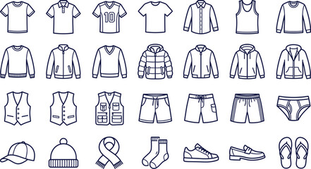 Set of Clothing and Apparel Line Icons Including T-shirt Polo Shirt Jacket Hoodie Shorts Vest Socks Hat Scarf Shoes and Flip-flops