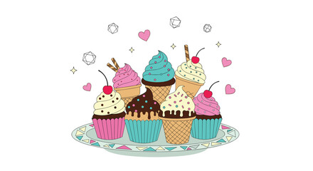 Delicious assortment of cupcakes and ice cream cones decorated with cherries and sprinkles on a colorful plate with hearts.