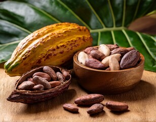 food still life featuring brazil nuts cocoa pods and tropical leaves