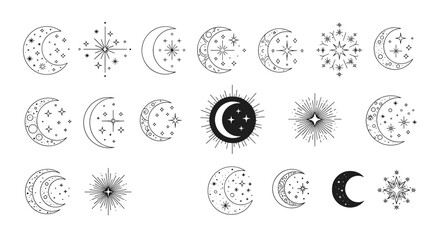 Detailed set of celestial moon and star graphics in a black and white line art style for mystical and astrological themed designs.