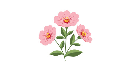 Elegant stem featuring three blooming pink flowers with green leaves in a simple and clean botanical illustration on white.