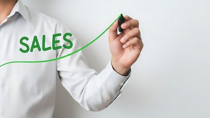 Businessman drawing a green graph line upwards with the word sales written below symbolizing increasing sales and business growth.