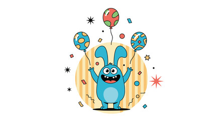 Happy blue monster with big ears and sharp teeth holding three colorful balloons in a festive and celebratory circular frame.
