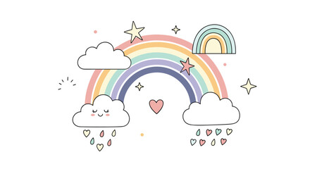 Sweet pastel rainbow arching between soft clouds with stars hearts and colorful raindrops in a dreamy nursery style illustration.