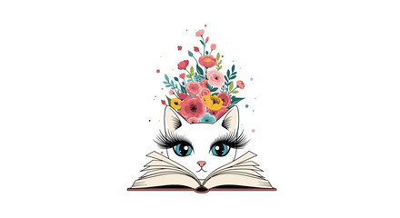 Whimsical illustration of a white cat with long eyelashes peering over an open book with a burst of colorful flowers growing from its head.