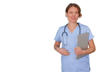 Female medical professional standing, wearing scrubs and stethoscope, holding a laptop, transparent background
