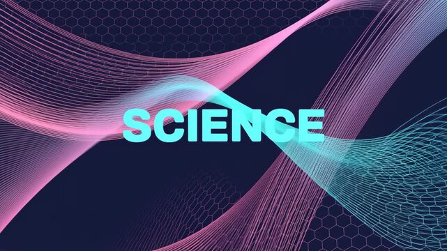 Abstract background with the word SCIENCE in neon letters and flowing wave patterns science text
