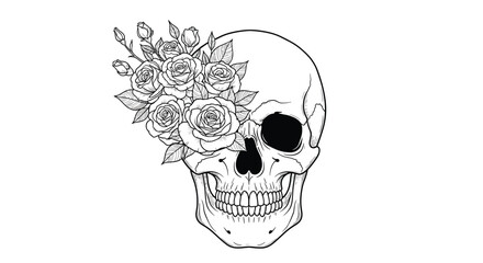 Detailed black and white line art illustration of a human skull adorned with a bouquet of blooming roses and leaves.
