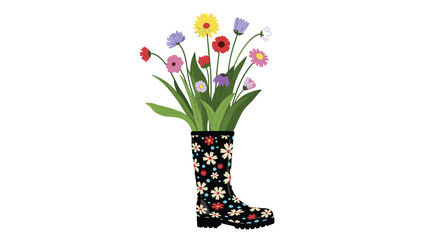 Black floral patterned rubber rain boot acting as a vase for a vibrant bouquet of colorful spring wildflowers and leaves.