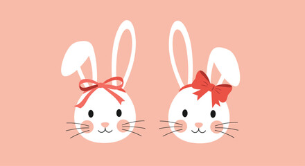 Two adorable white bunny heads with pink cheeks wearing different styles of red bows on a soft salmon colored background.